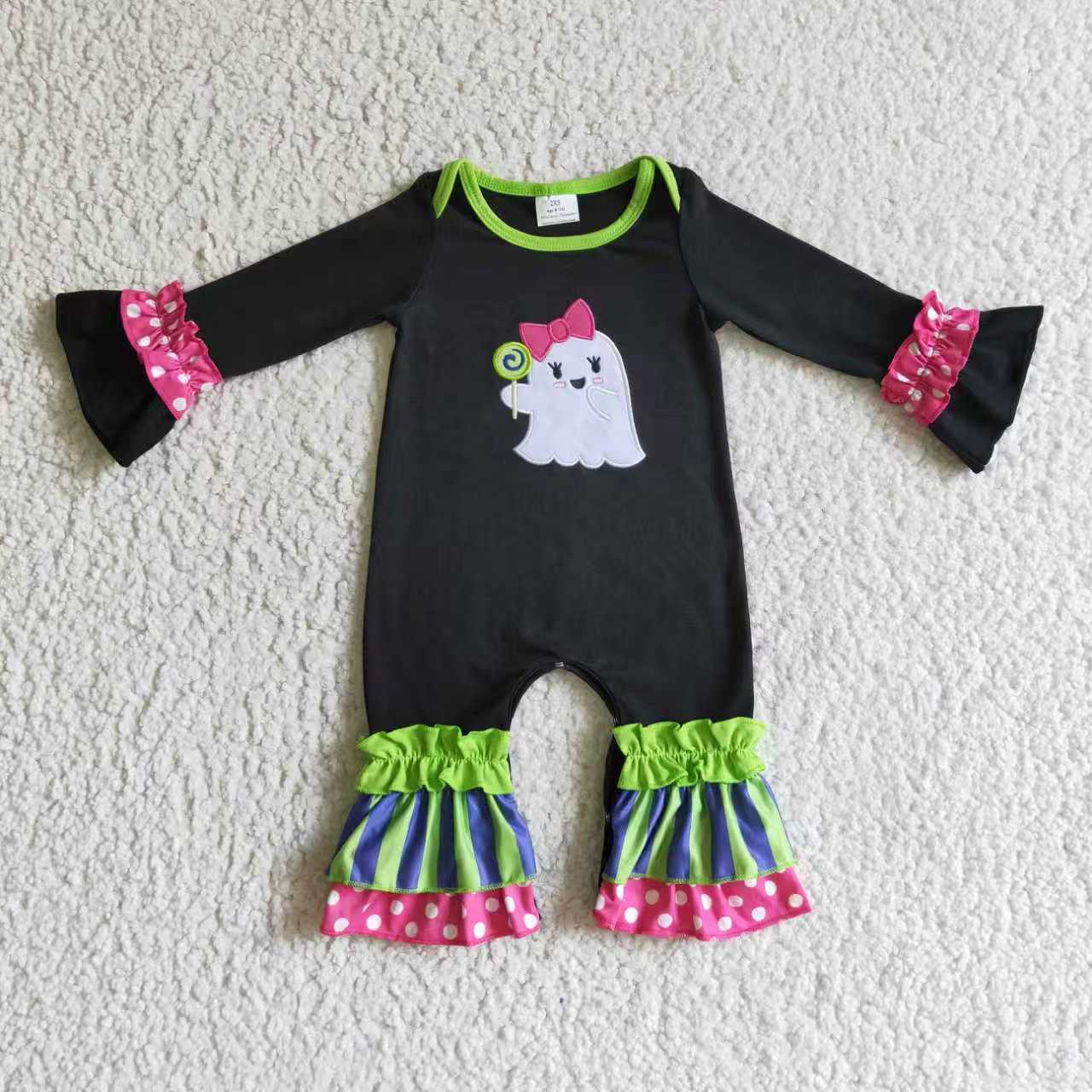 embroidery Halloween spooky ruffles romper/pajamas RTS Sibling Clothes