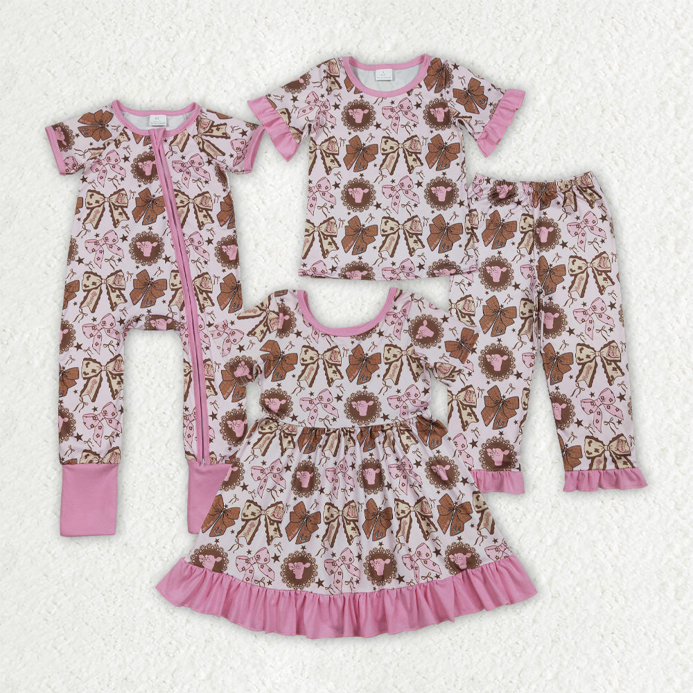 Western Pink Cow Bows Sibling Clothes RTS