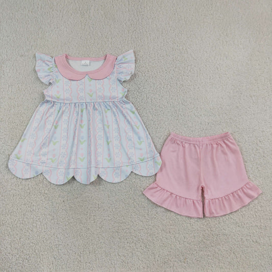 GSSO3490 Scallop Pink Flowers Short Sleeve Shorts Girls Set