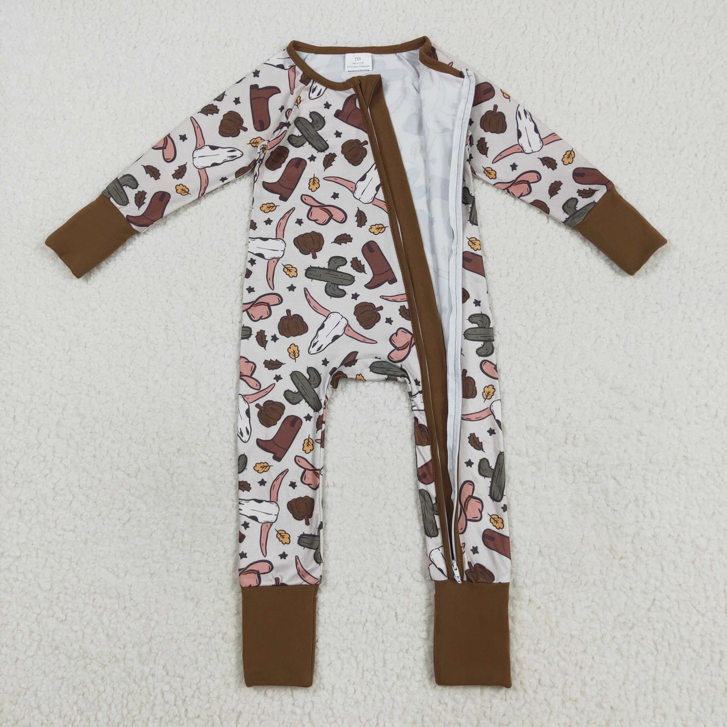 Custom moq 20 bamboo Western Autunmn pumpkin cow cactus zipper long sleeve boys romper