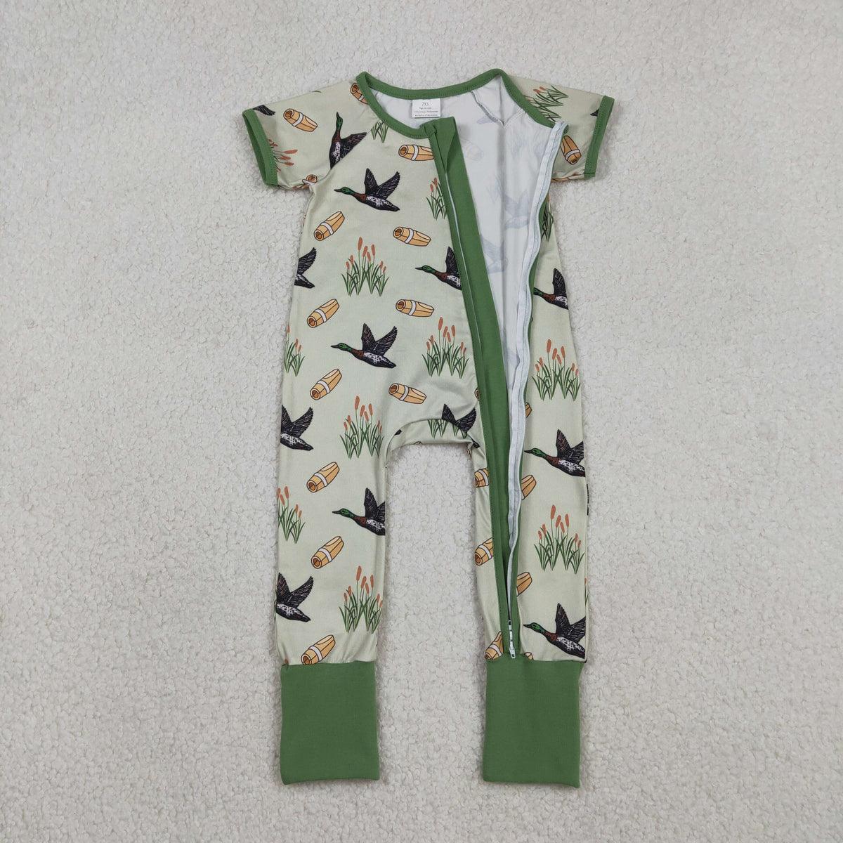 SR3498 Hunting Mallard Duck Green Zipper Short Sleeve Boys Romper