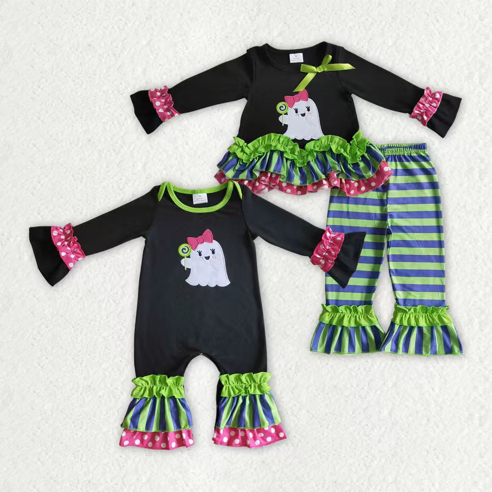 embroidery Halloween spooky ruffles romper/pajamas RTS Sibling Clothes