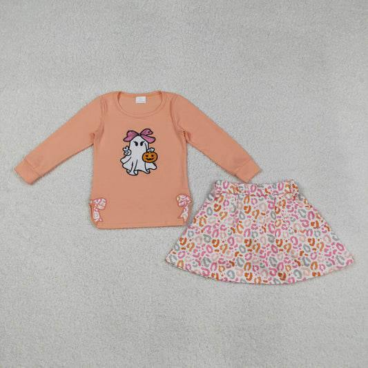 embrpidery GLD1174 Halloween spilt side bows pumpkin bow orange long sleeve leopard skirt skorts girls set