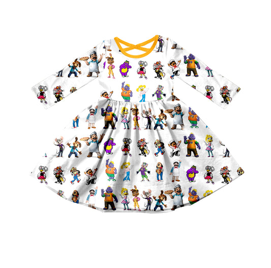 custom cartoon animals yellow long sleeve girls dress
