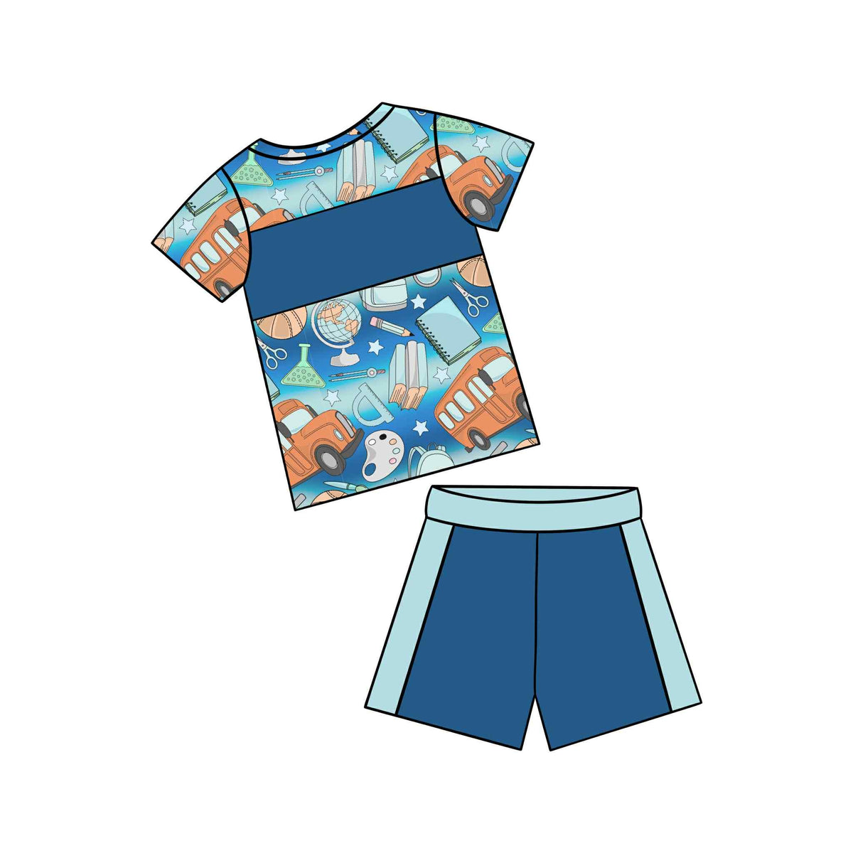 custom back to school bus book blue short sleeve blue shorts boys set