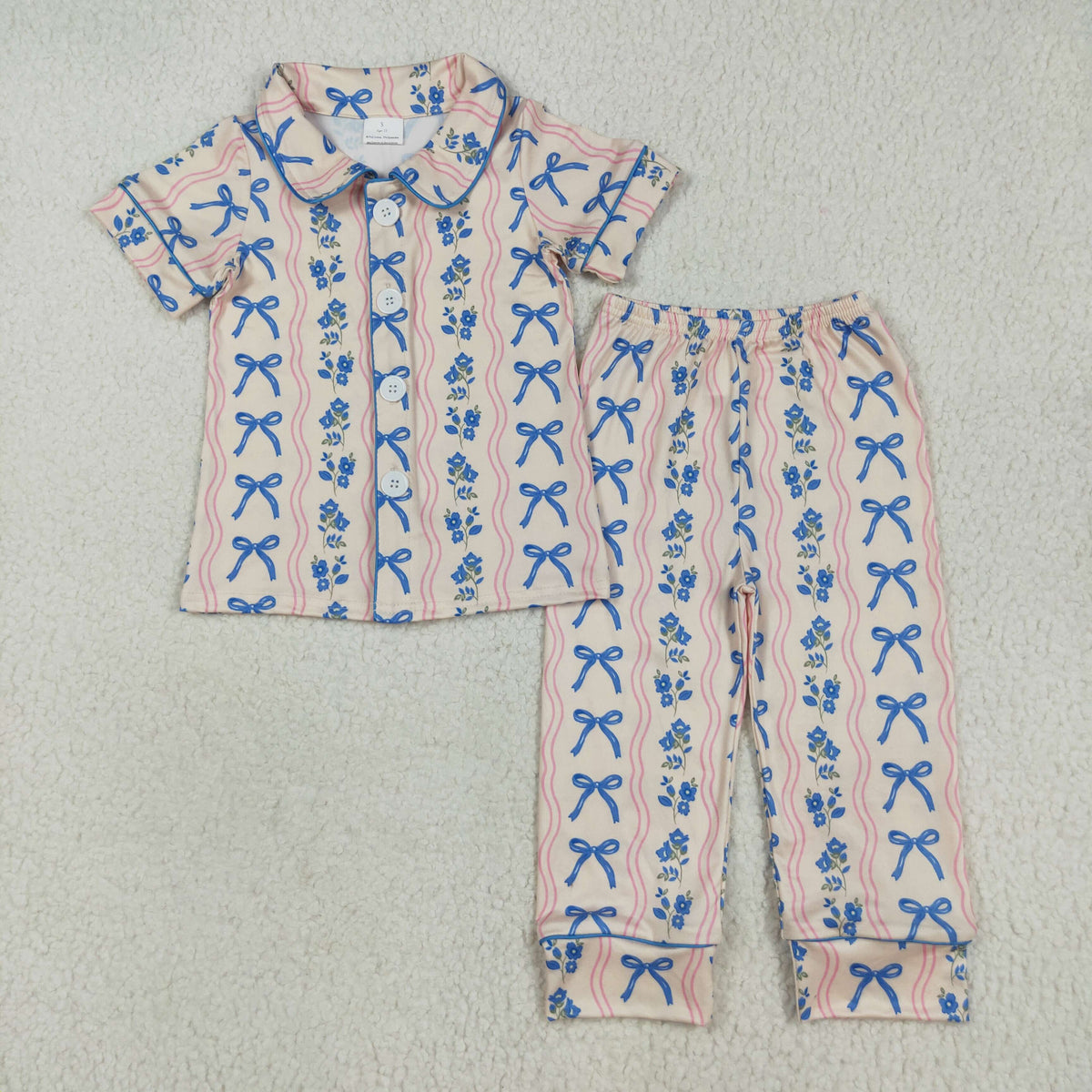 GSPO2050 blue flowers bows short sleeve pants girls pajamas