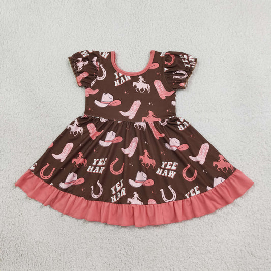 GSD0748 Western Yee Haw Boot Hat Horse Shoe Red Short Sleeve Girls Dress