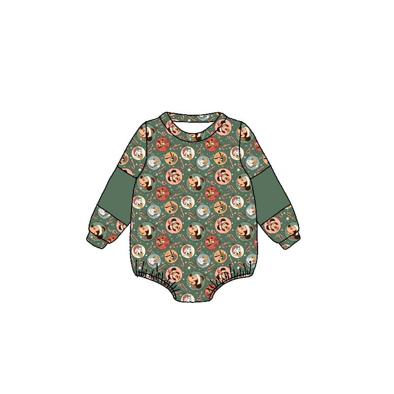 custom style Christmas cartoon animals green long sleeve girls romper