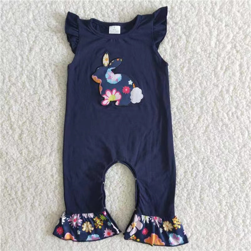 b8-11 Embroidery Easter Rabbits Floral Romper