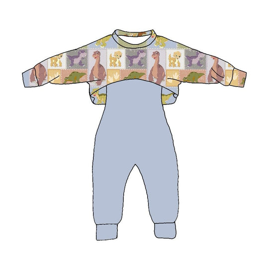 custom cartoon dinosaur long sleeve grey jumpsuits girls 2pcs set