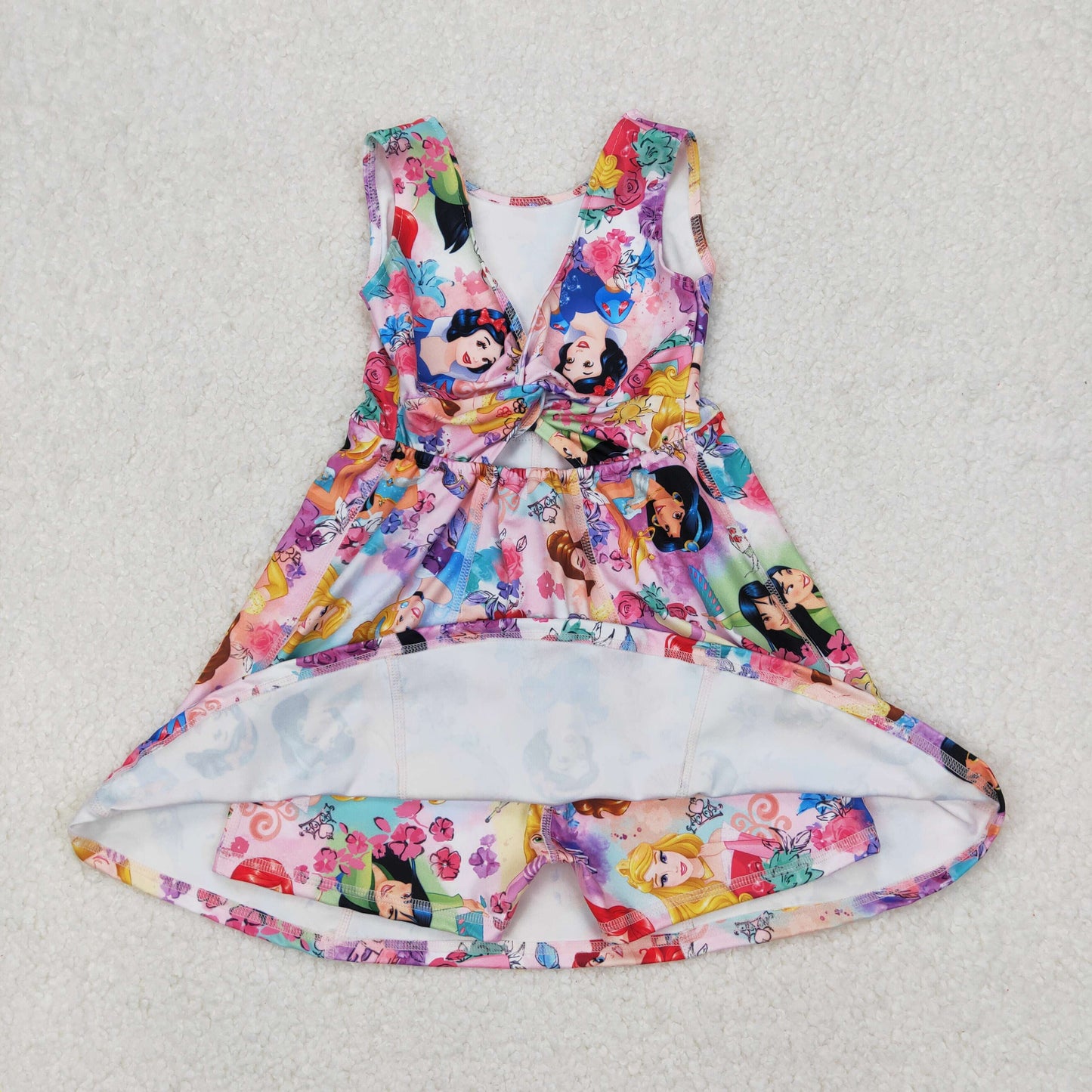 GSD2136 yoga cartoon princess flowers twril bow sleeveless girls dress with shorts