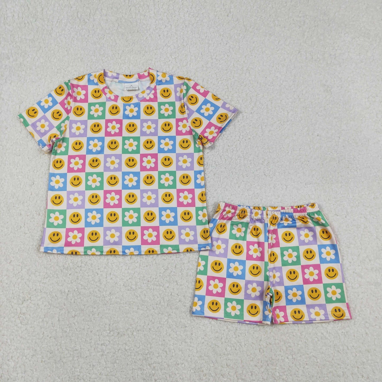 GSSO2864 Colorful Flowers Smile Short Sleeve Shorts Girls Set