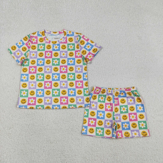 GSSO2864 Colorful Flowers Smile Short Sleeve Shorts Girls Set