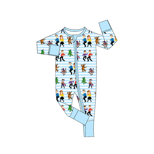 custom cartoon boy animals blue striped long sleeve zipper boys romper