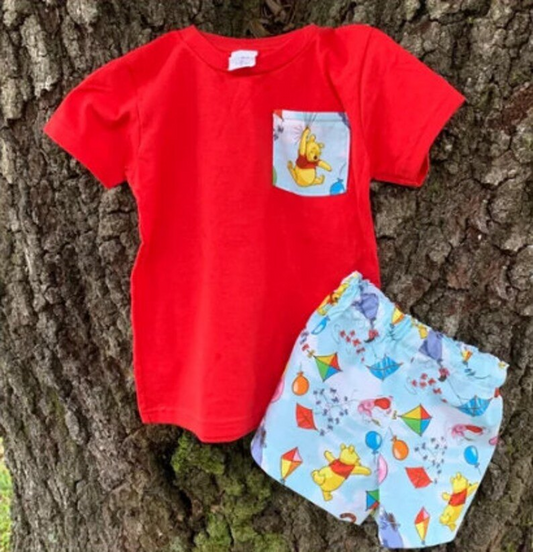 preorder BSSO0420 Cartoon bear pocket red short sleeve blue shorts boys set