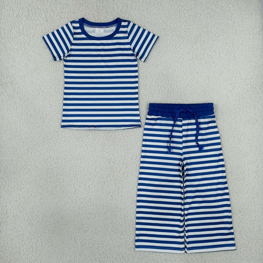 GSPO2385 Blue Striped Short Sleeve Pants Girls Set