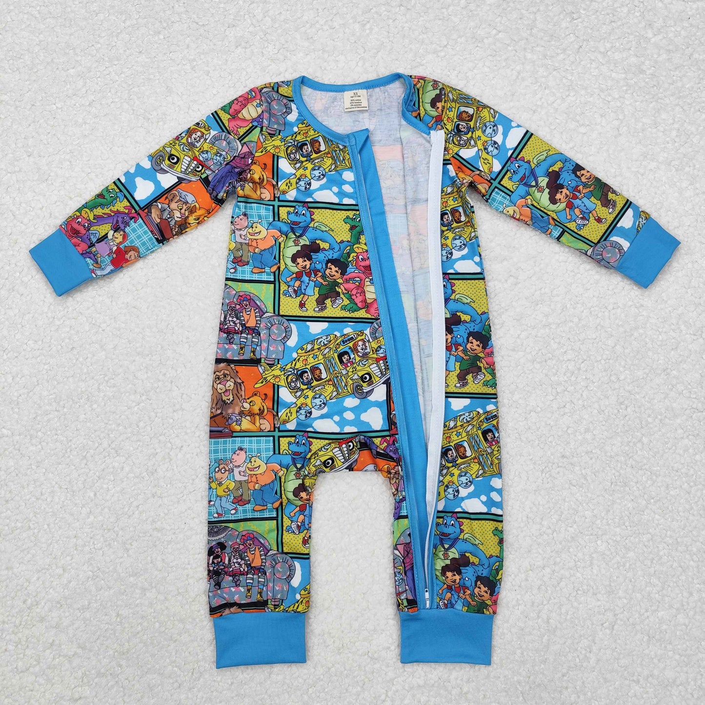 bamboo LR2040 cartoon dinosaur animals blue zipper long sleeve boys romper