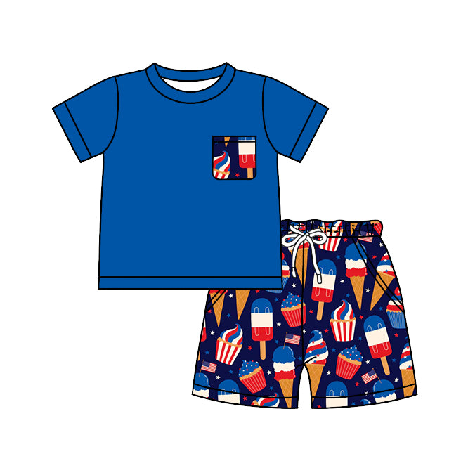 preorder BSSO0526 July 4th Pocket Blue Short Sleeve Ice Navy Shorts Boys Summer Set