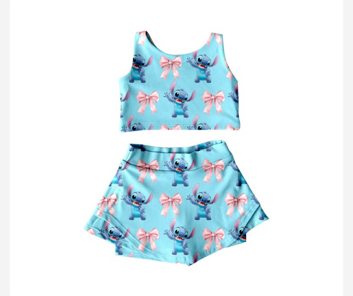custom moq 3 cartoon mouse pinik bows light blue sleeveless skirt skorts girls set
