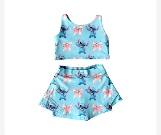 custom moq 3 cartoon mouse pinik bows light blue sleeveless skirt skorts girls set
