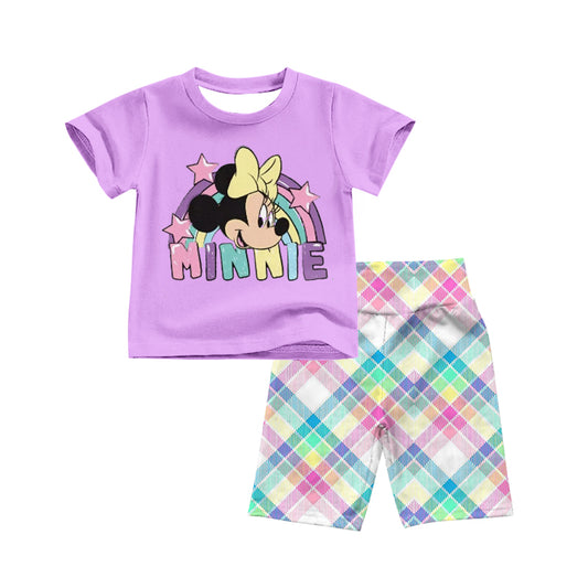 custom cartoon rainbow purple short sleeve colorful checkered shorts girls set