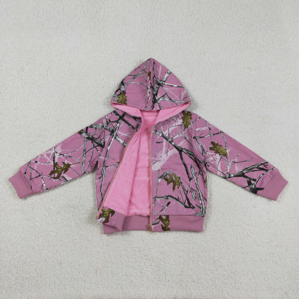 GT1591 Hunting Leaf Branch Pink Zipper Hoodie Long Sleeve Girls Coat