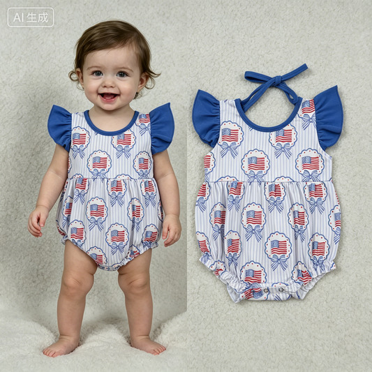 SR4029 July 4th Flag Bows Girls Romper