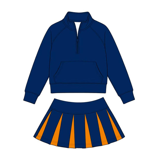 Custom Moq 3 Navy Blue Zipper Long Sleeve Skorts Girls Set