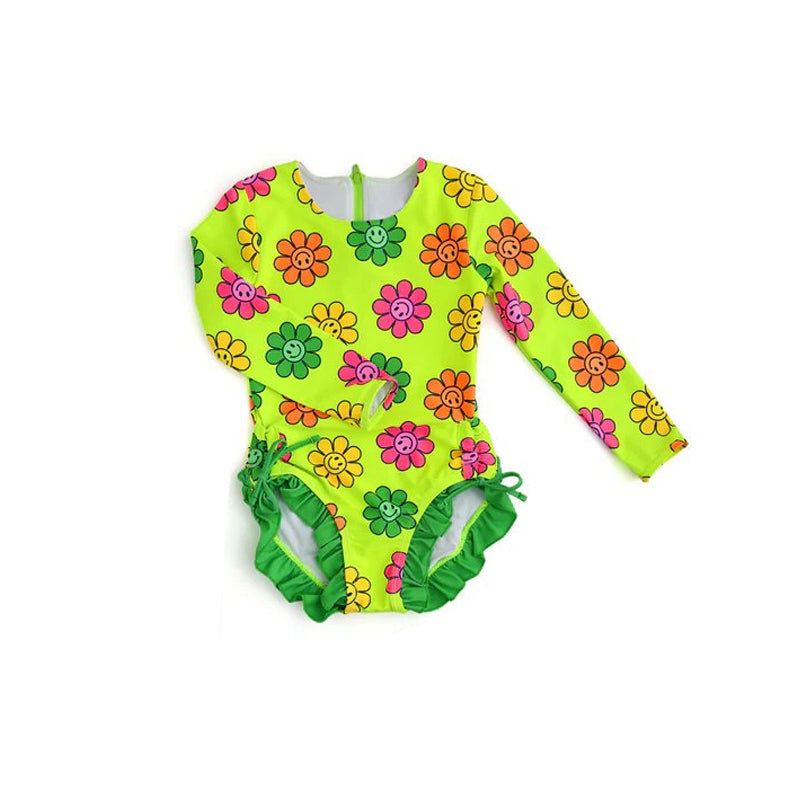 custom style colorful smile flowers green girls long sleeve bathing swimsuits
