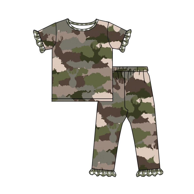 preorder GSPO1094 Camo green ruffles short sleeve pants girls pajamas