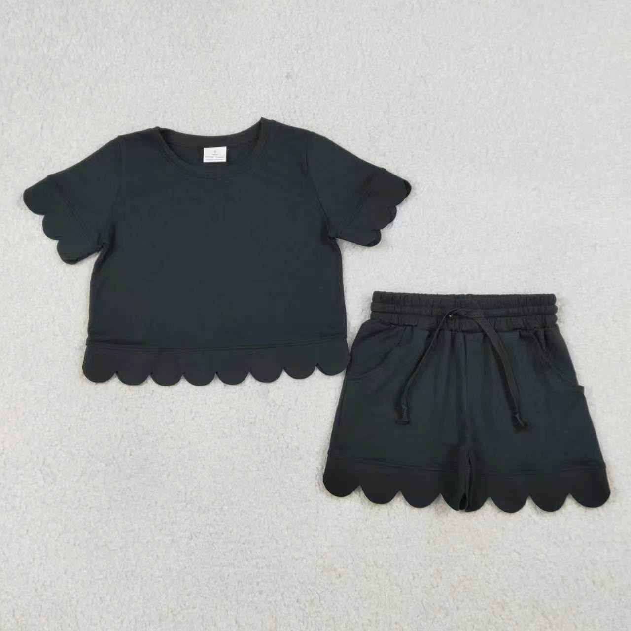 Solid Color Scallop Short Sleeve Shorts Girls Set RTS Sibling Clothes