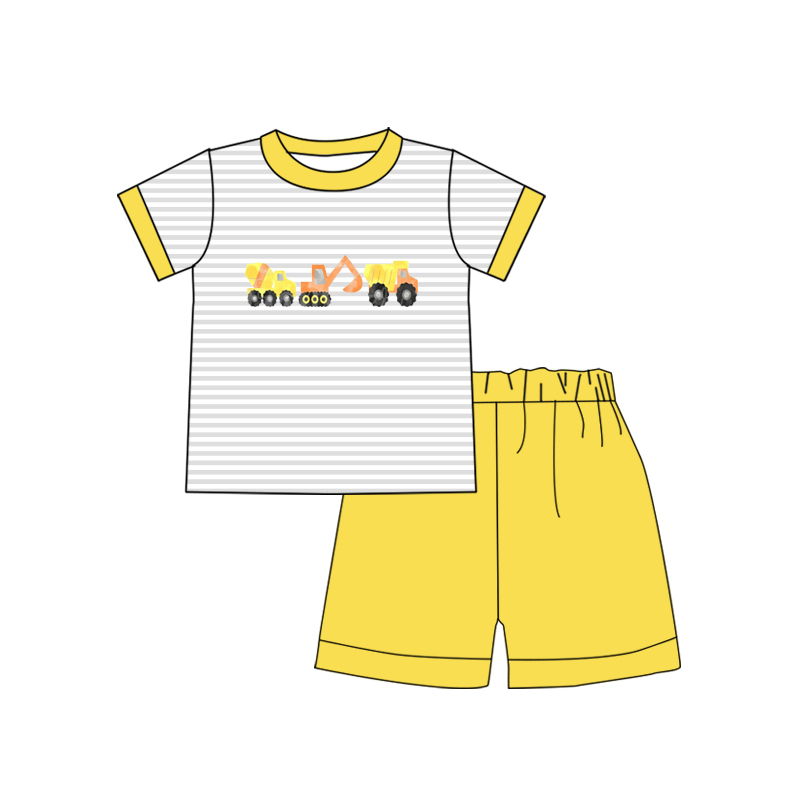 preorder BSSO0368 Construction truck striped short sleeve yellow shorts boys set