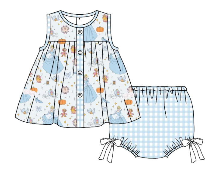 preorder GBO0341 cartoon ice princess sleeveless blue checkered girls bummeis set