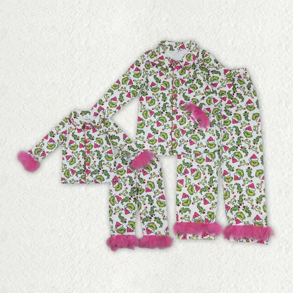 Christmas greem face fur pajamas mama and me RTS sibling clothes
