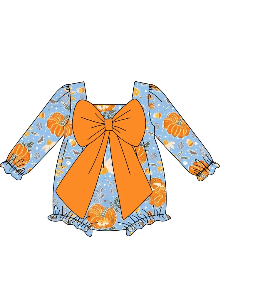 custom moq 5 orange pumpkin blue with big bow long sleeve girls romper