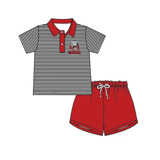 custom style football TIGERS black striped short sleeve red shorts boys set