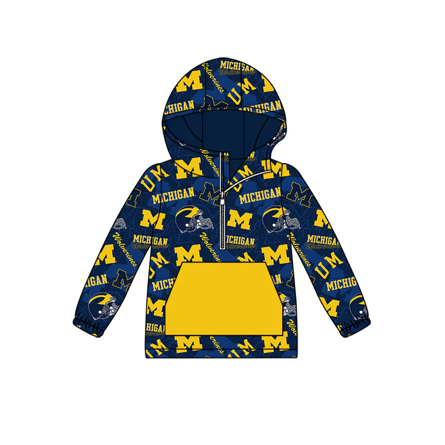 custom football team Michigan yellow navy blue pocket long sleeve hoodie boys pullover