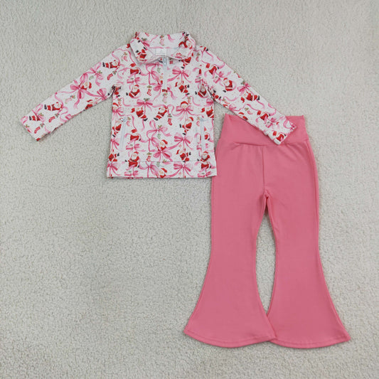 GLP3508 Christmas Santa Bows Zipper Long Sleeve Pink Pants Girls Set