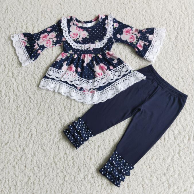 6 A24-17 Navy Floral Print Lace Girls Outfits