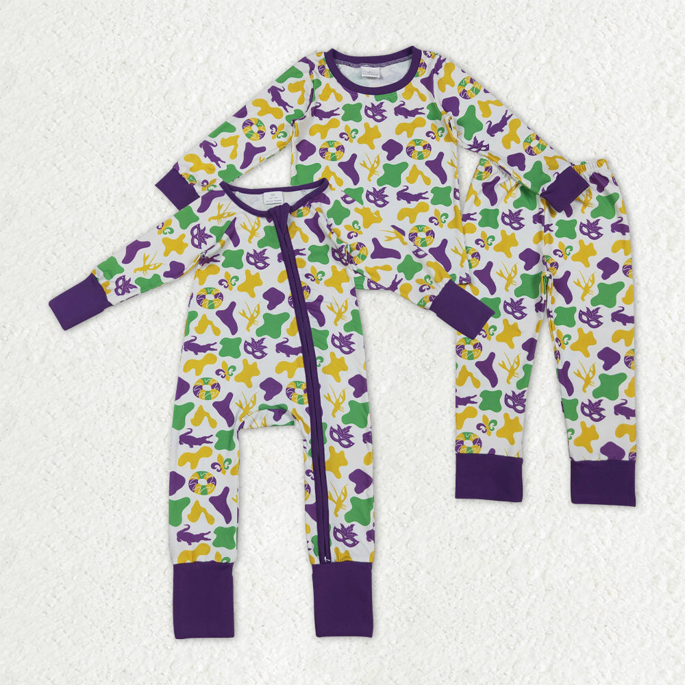 Mardi Gras purple green yellow camo mask romper/set RTS Sibling Clothes