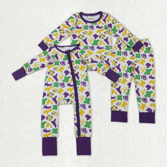 Mardi Gras purple green yellow camo mask romper/set RTS Sibling Clothes