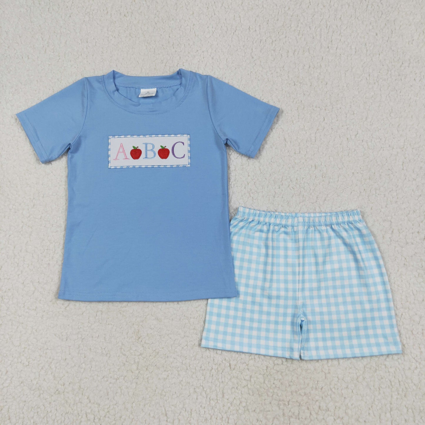 BSSO1331 embroidery back to school ABC apple blue short sleeve blue checkered shorts boys set