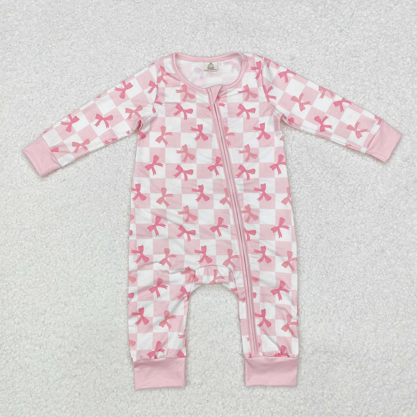 bamboo LR1607 pink bows checkered long sleeve zipper girls romper