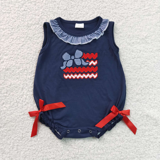 Embroidery SR4152 July 4th Flag Bow Navy Blue Girls Romper