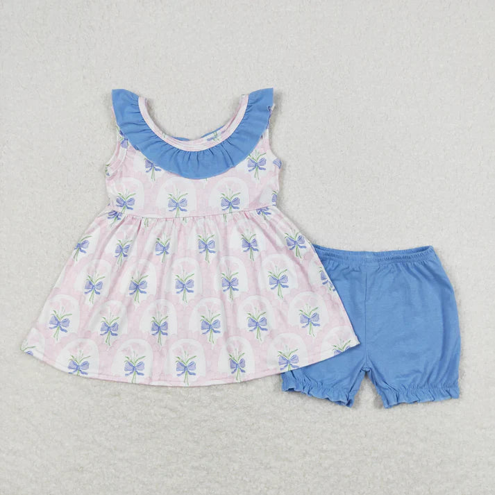 cute flowers with bow Summer girls set RTS sibling clothes