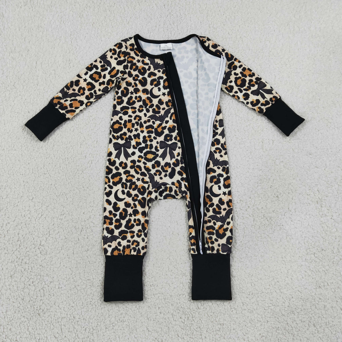 LR3242 Leopard Bows Zipper Long Sleeve Girls Romper