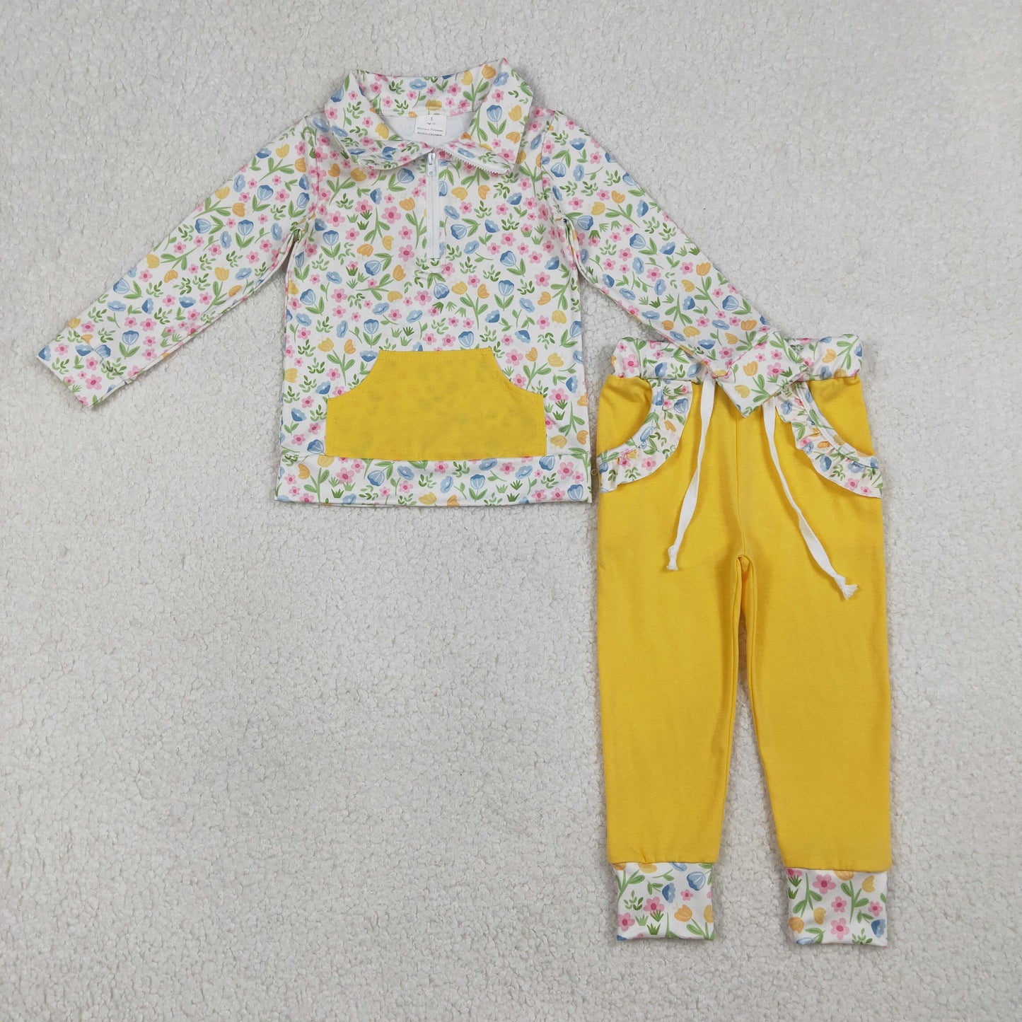 GLP3280 Flowers Floral Pocket Zipper Long Sleeve Yellow Pants Girls Set