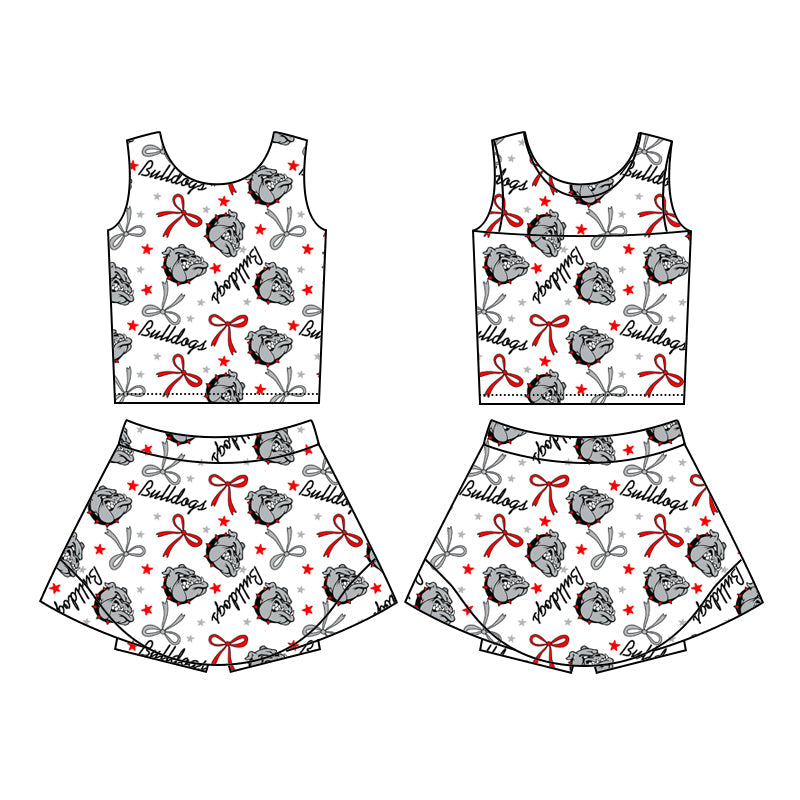 Cutom Moq 3 Football Team bulldogs red bows sleeveless skirt with shorts girls set
