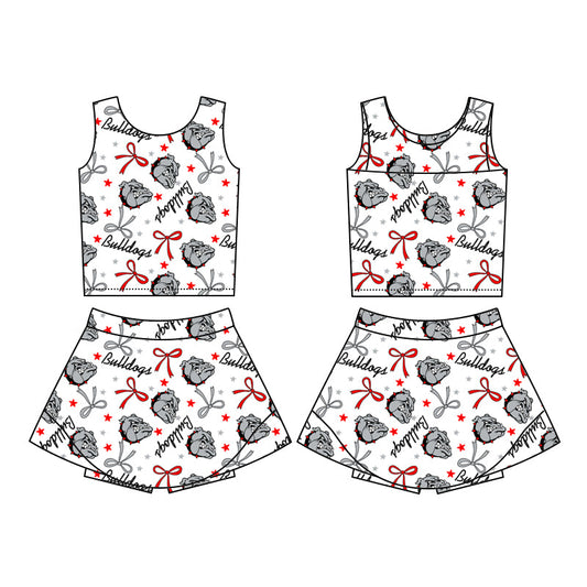 Cutom Moq 3 Football Team bulldogs red bows sleeveless skirt with shorts girls set
