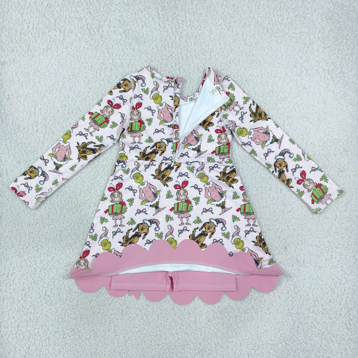 GLD1656 Yoga Christmas Green Face Bows Pink Long Sleeve Girls Dress